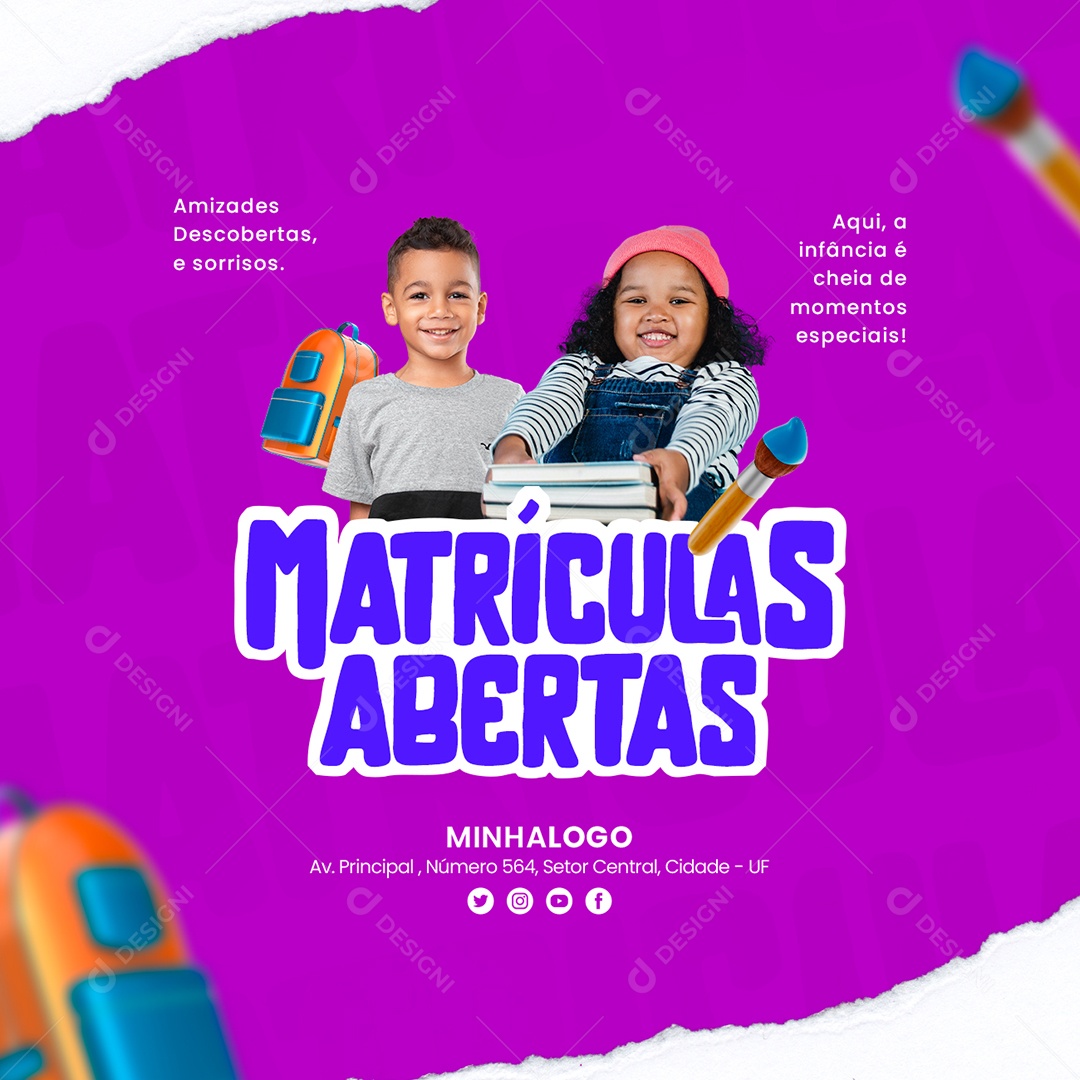 Amizades Descobertas E Sorrisos Matrículas Abertas Escola Infantil Social Media PSD Editável