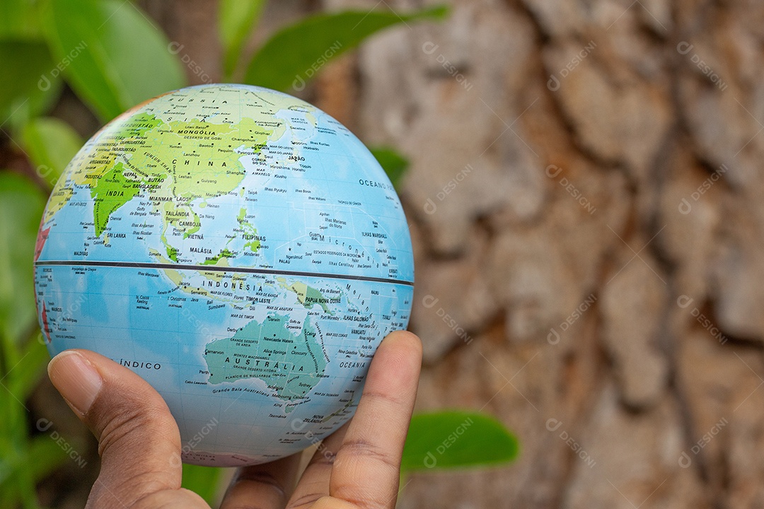 Mão segurando um globo terrestre com fundo de textura de madeira