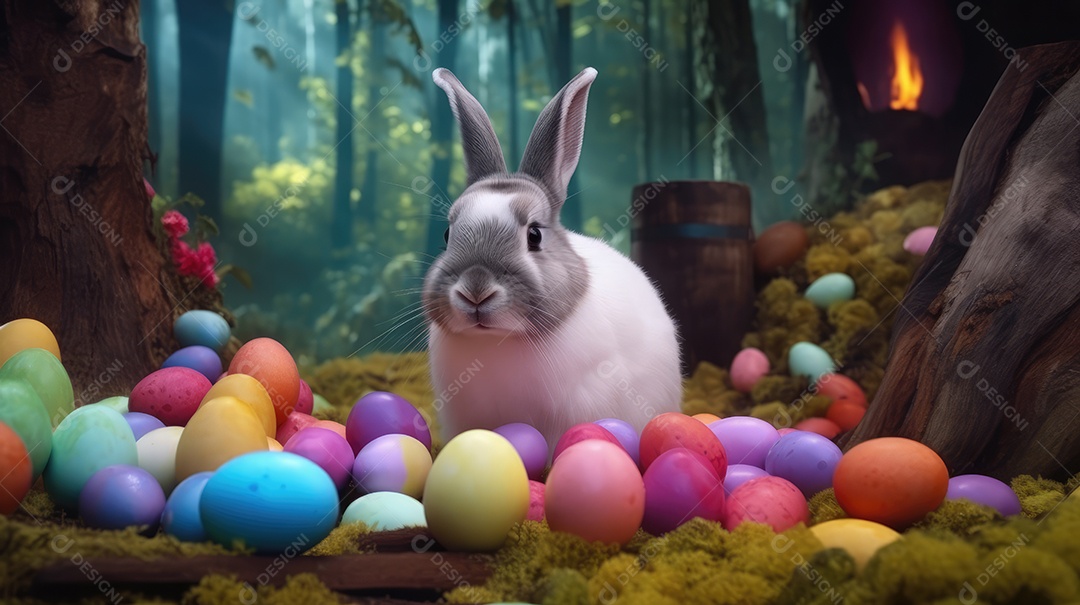 Um coelhinho entre ovos de páscoa coloridos