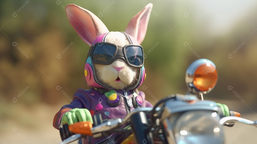 Um coelho motociclista viajando em uma motocicleta usando óculos escuros e capacete, carregando ovos de páscoa coloridos
