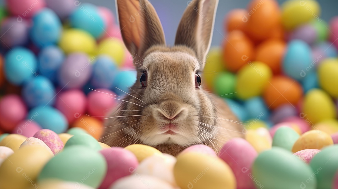 Um coelhinho entre ovos de páscoa coloridos