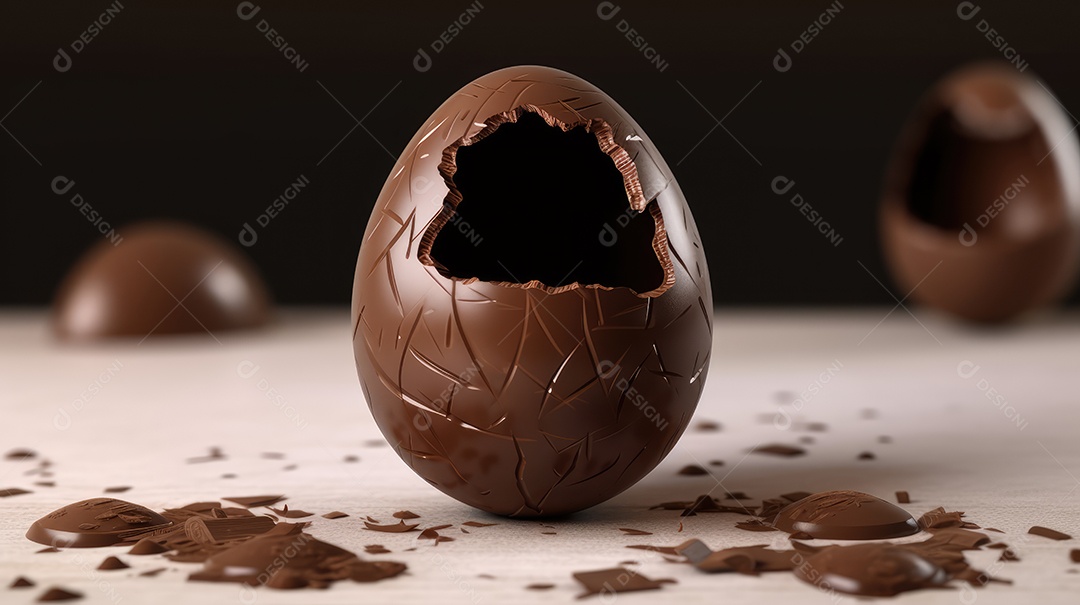 Ovo de Páscoa de chocolate ao leite com um buraco no fundo de madeira