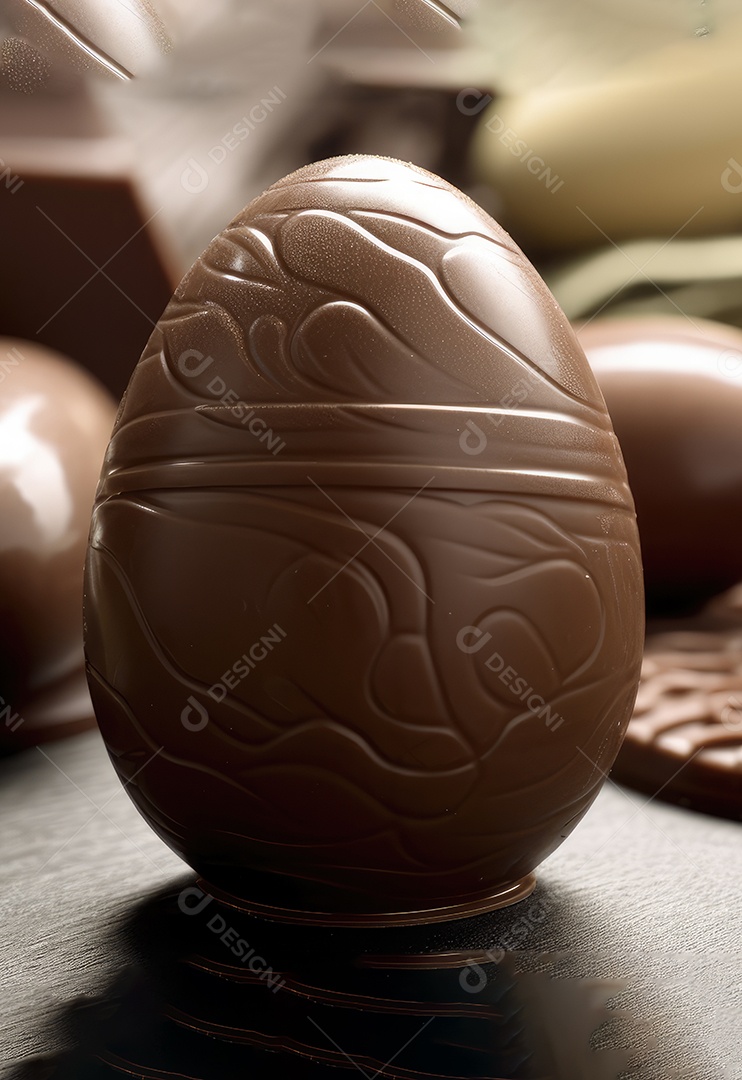 Ovos de páscoa de chocolate ao leite com enfeites bonitos em fundo de madeira