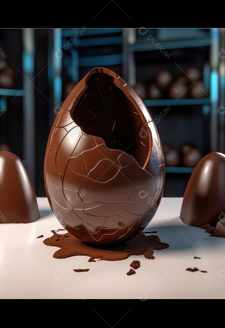 Ovo de Páscoa de chocolate ao leite com um buraco no fundo de madeira