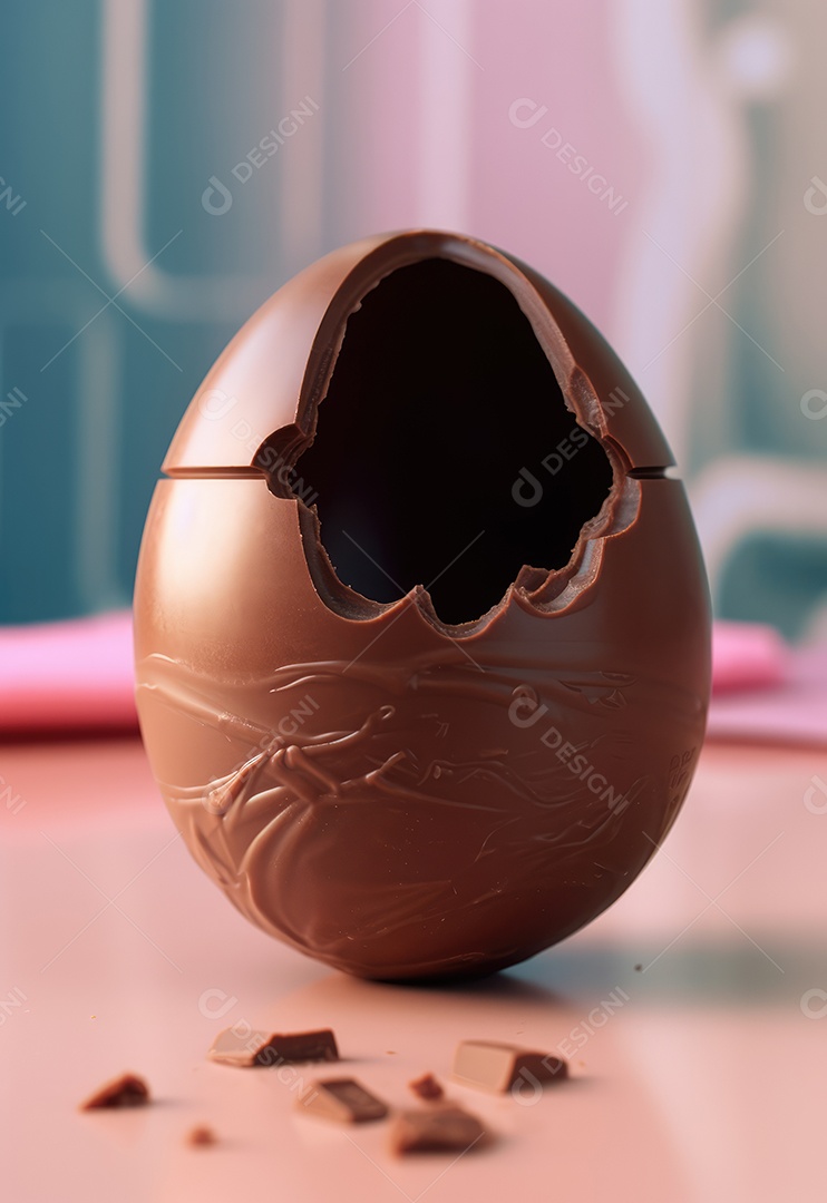 Ovo de Páscoa de chocolate ao leite com um buraco no fundo de madeira