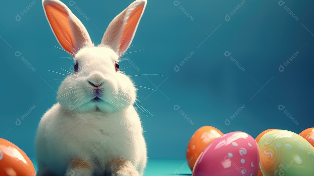 Um coelhinho entre ovos de páscoa coloridos