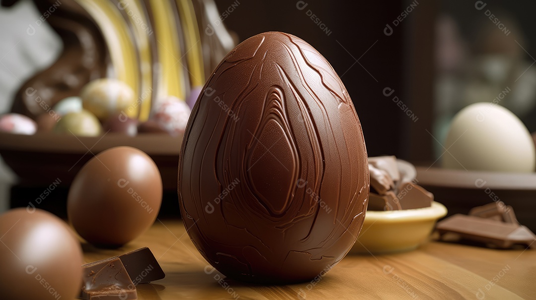 Ovos de páscoa de chocolate ao leite com enfeites bonitos em fundo de madeira