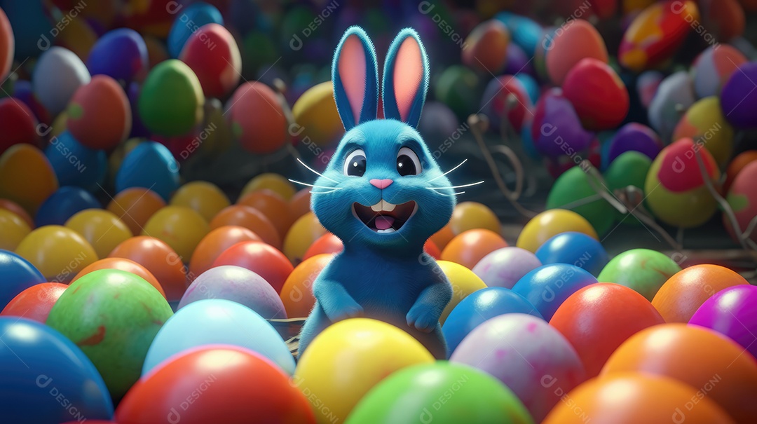 Um coelhinho entre ovos de páscoa coloridos