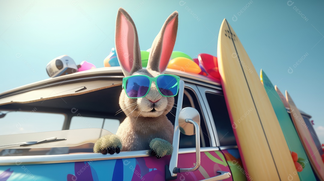 Um coelho viajando em uma kombi usando óculos escuros, carregando ovos de páscoa coloridos