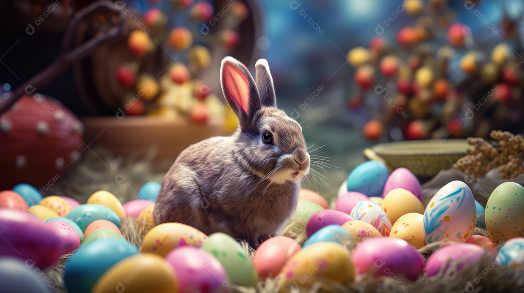 Um coelhinho entre ovos de páscoa coloridos