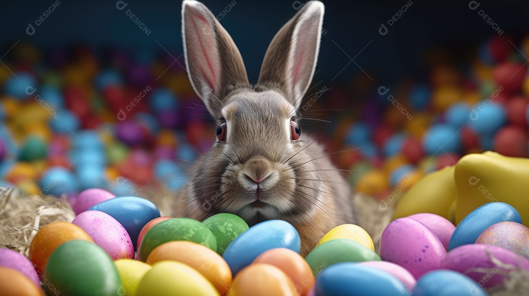 Um coelhinho entre ovos de páscoa coloridos