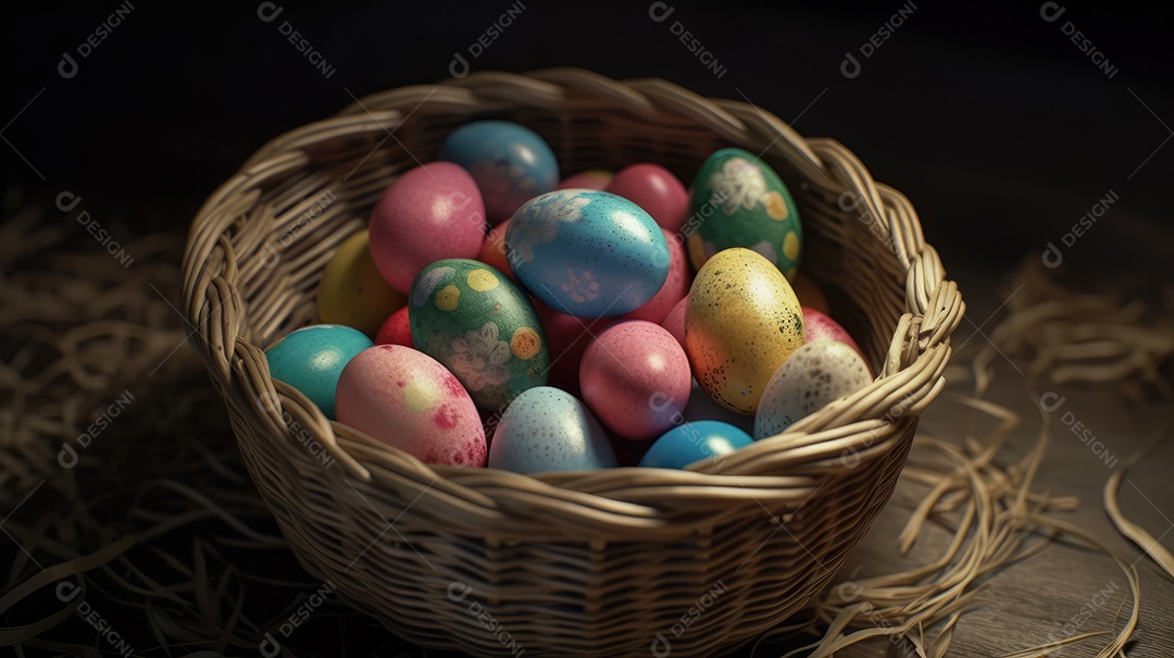 Pequenos ovos de páscoa de chocolate embrulhados em papel colorido dentro da cesta de palha