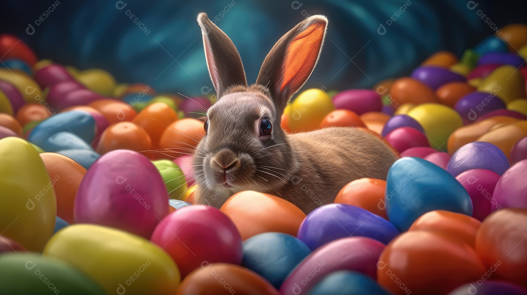 Um coelhinho entre ovos de páscoa coloridos