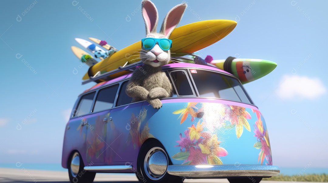 Um coelho viajando em uma kombi usando óculos escuros, carregando ovos de páscoa coloridos