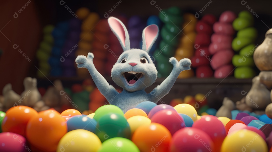 Um coelhinho entre ovos de páscoa coloridos