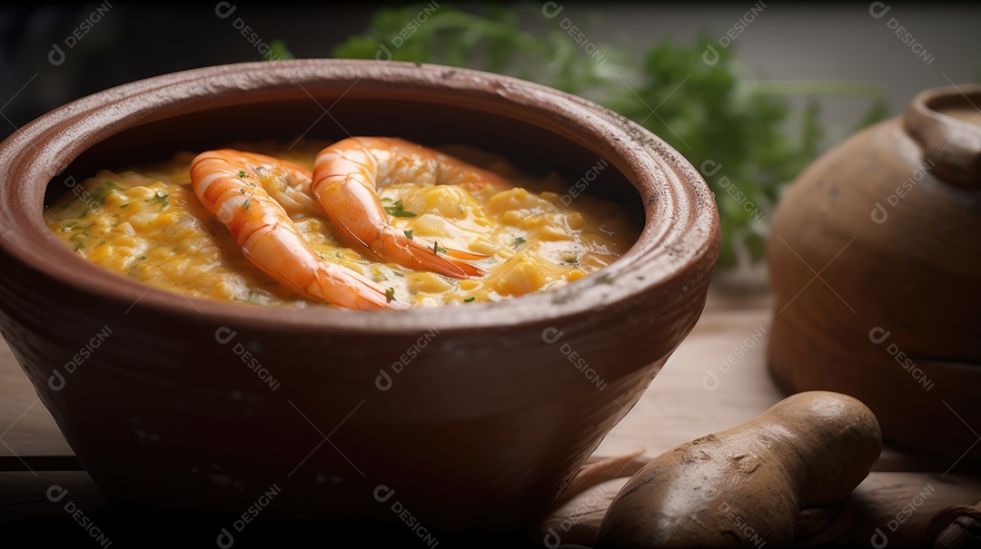 Creme de Mandioca e Camarão. Prato típico da comida brasileira da Bahia chamado Bobó Camarão