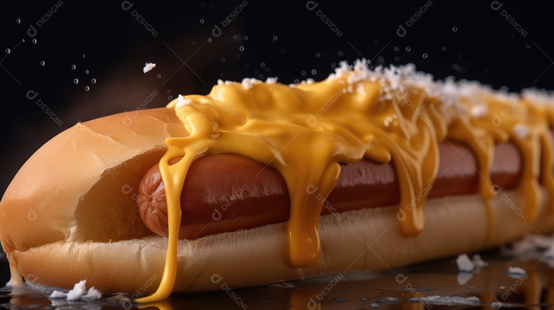 Cachorro-quente tradicional com salsicha, ketchup, mostarda e pão de leite, queijo ralado