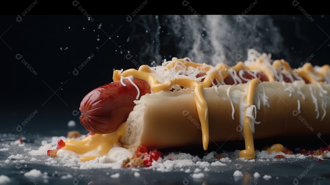 Cachorro-quente tradicional com salsicha, ketchup, mostarda e pão de leite, queijo ralado