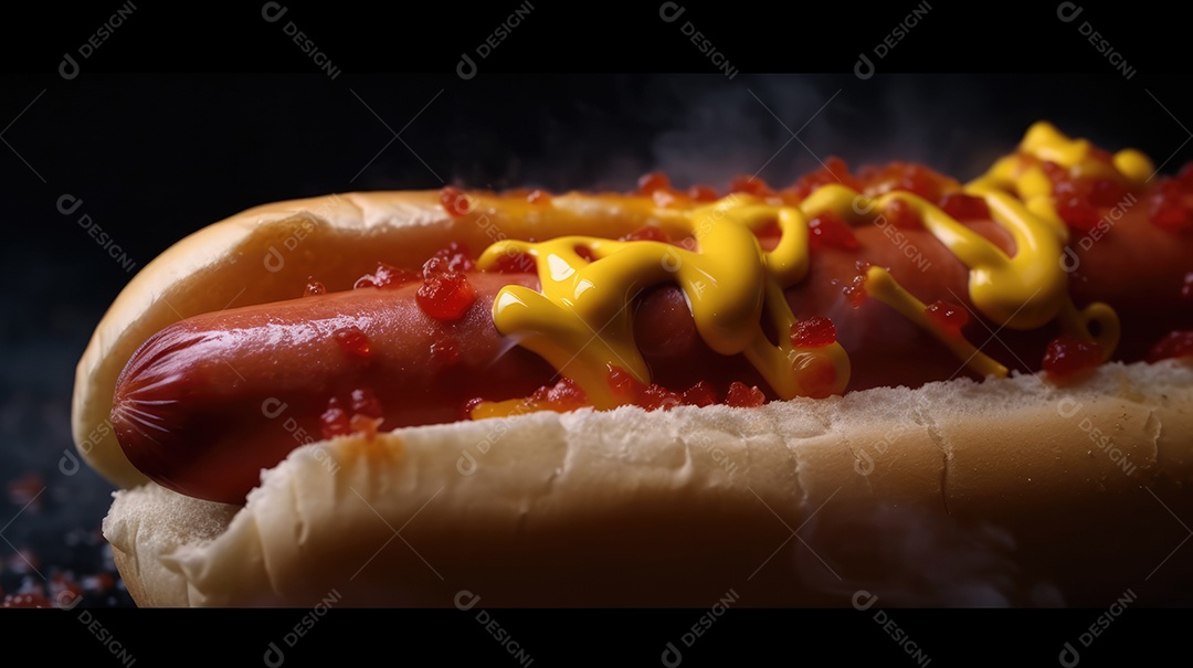 Cachorro-quente tradicional com salsicha, ketchup, mostarda e pão de leite, queijo ralado