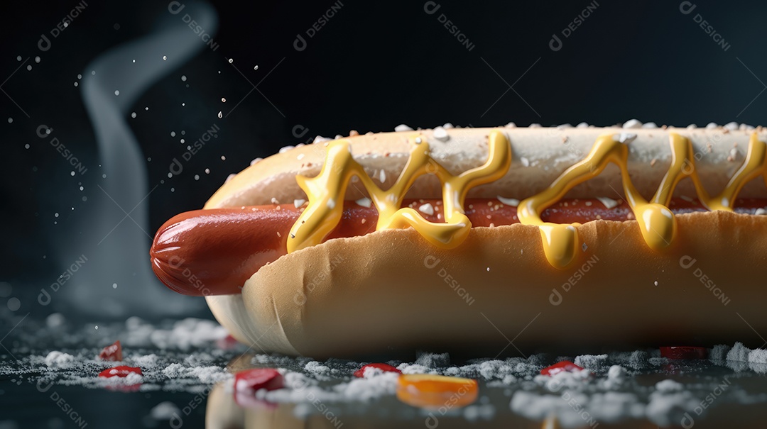 Cachorro-quente tradicional com salsicha, ketchup, mostarda e pão de leite, queijo ralado