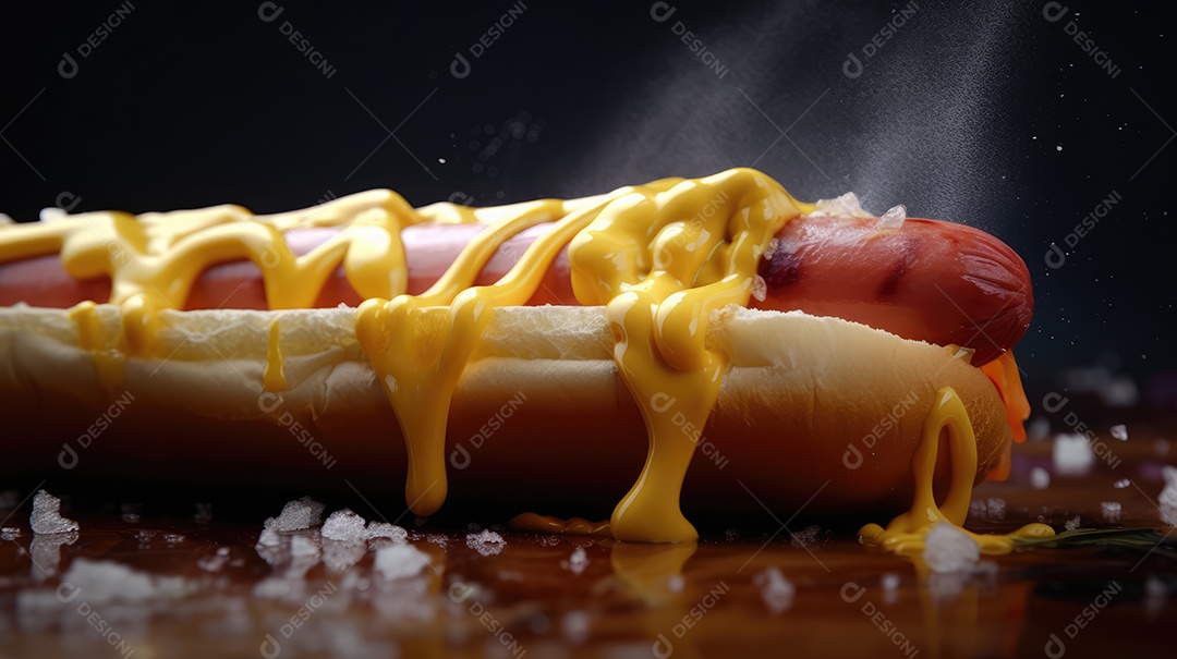 Cachorro-quente tradicional com salsicha, ketchup, mostarda e pão de leite, queijo ralado