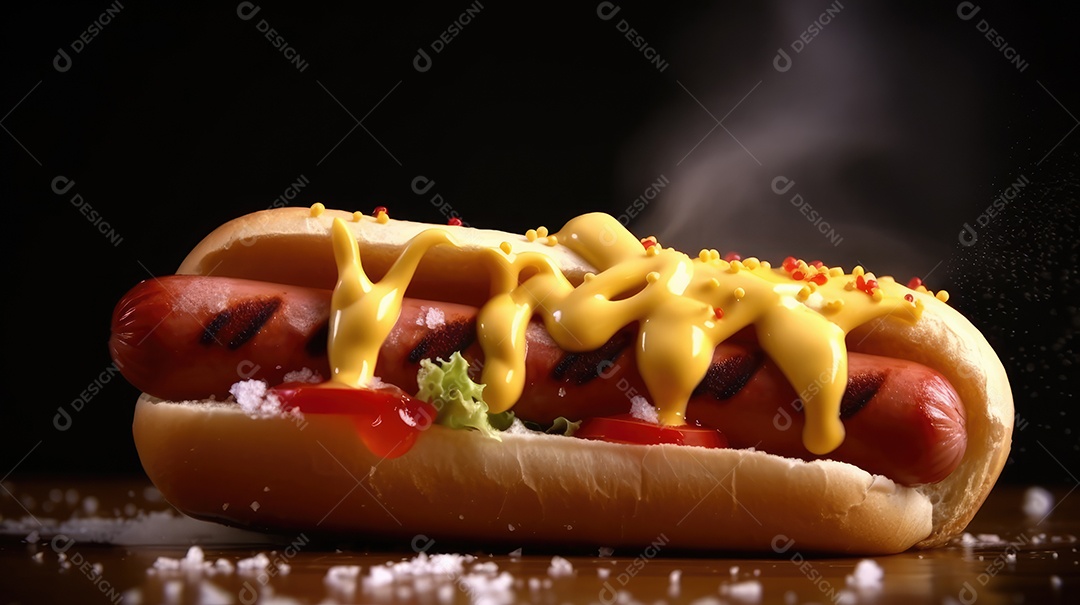 Cachorro-quente tradicional com salsicha, ketchup, mostarda e pão de leite, queijo ralado