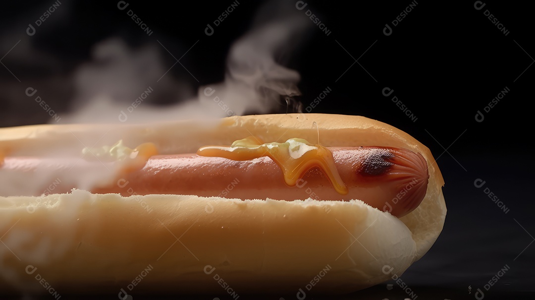 Cachorro-quente tradicional com salsicha, ketchup, mostarda e pão de leite, queijo ralado