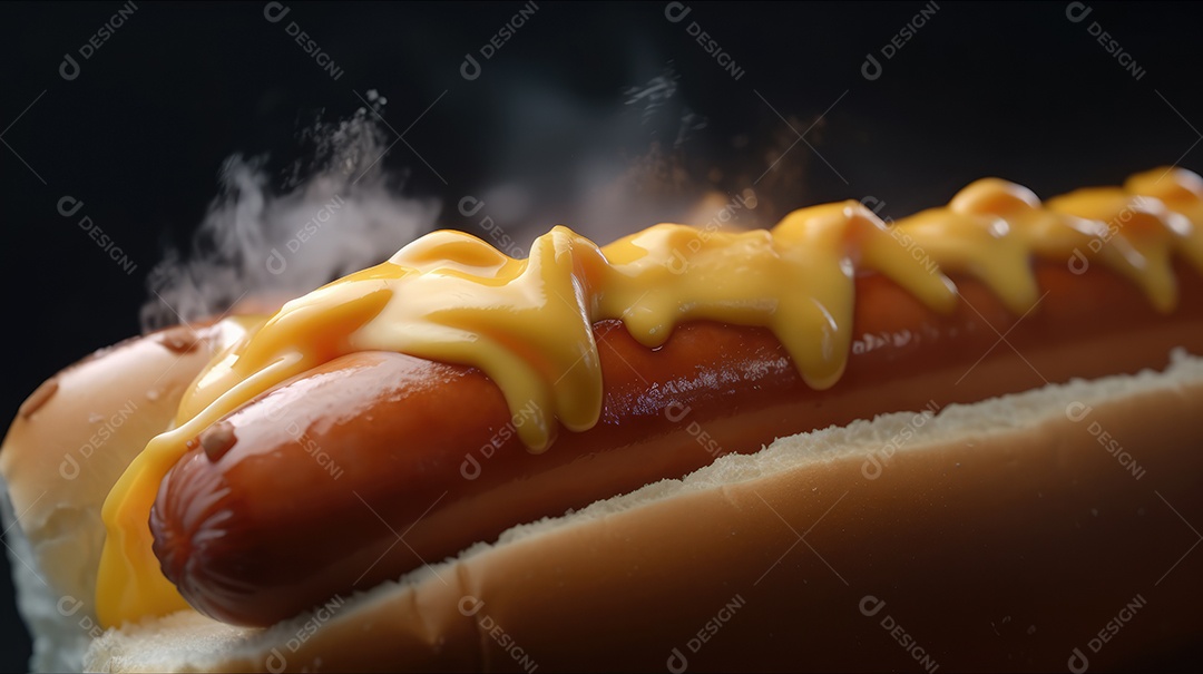 Cachorro-quente tradicional com salsicha, ketchup, mostarda e pão de leite, queijo ralado