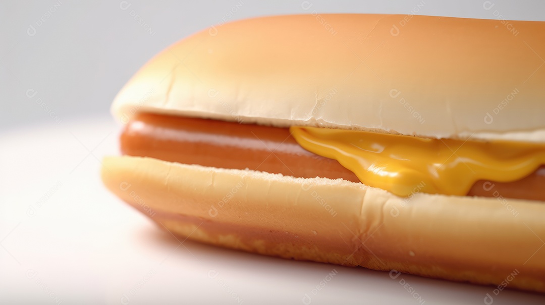 Cachorro-quente tradicional com salsicha, ketchup, mostarda e pão de leite, queijo ralado