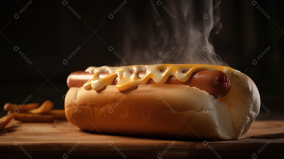Cachorro-quente tradicional com salsicha, ketchup, mostarda e pão de leite, queijo ralado