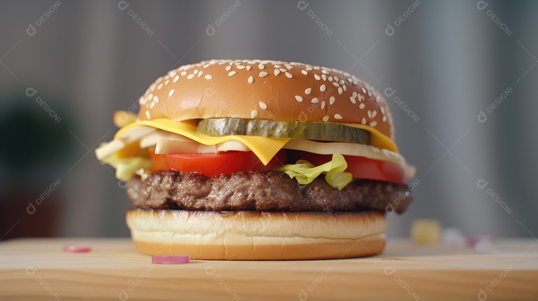 Delicioso saboroso hambúrguer sobre mesa de madeira fundo isolado