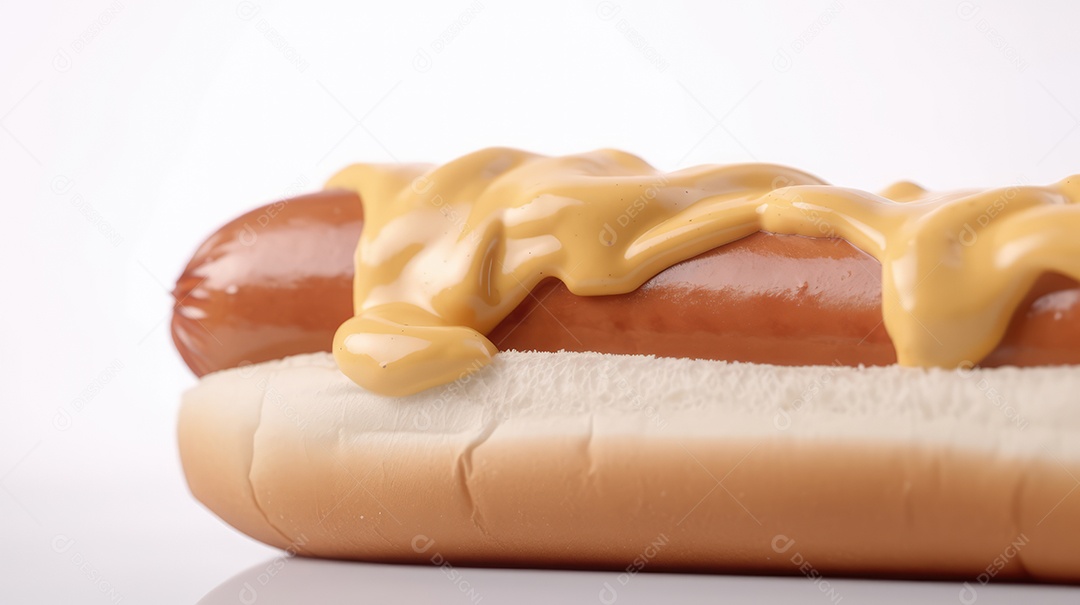 Cachorro-quente tradicional com salsicha, ketchup, mostarda e pão de leite, queijo ralado