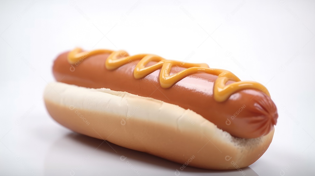 Cachorro-quente tradicional com salsicha, ketchup, mostarda e pão de leite, queijo ralado