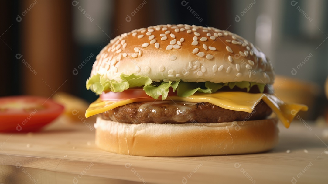 Delicioso saboroso hambúrguer sobre mesa de madeira fundo isolado