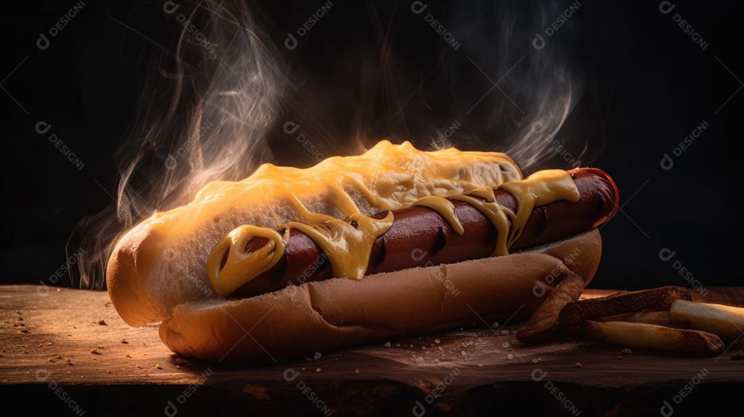 Cachorro-quente tradicional com salsicha, ketchup, mostarda e pão de leite, queijo ralado