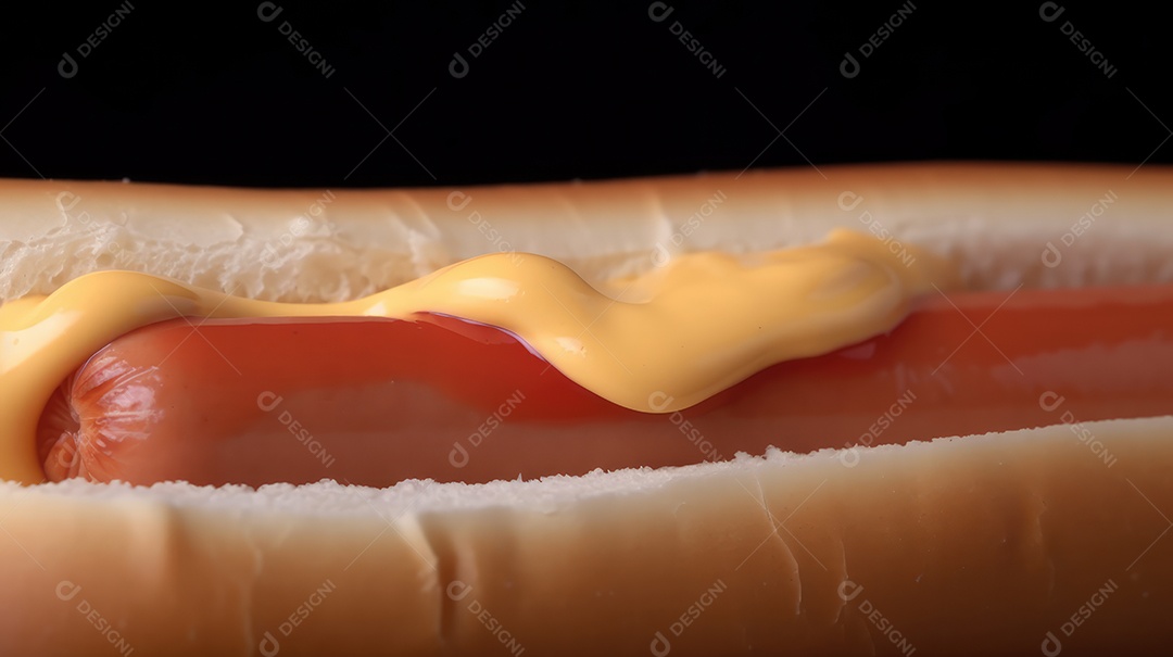 Cachorro-quente tradicional com salsicha, ketchup, mostarda e pão de leite, queijo ralado