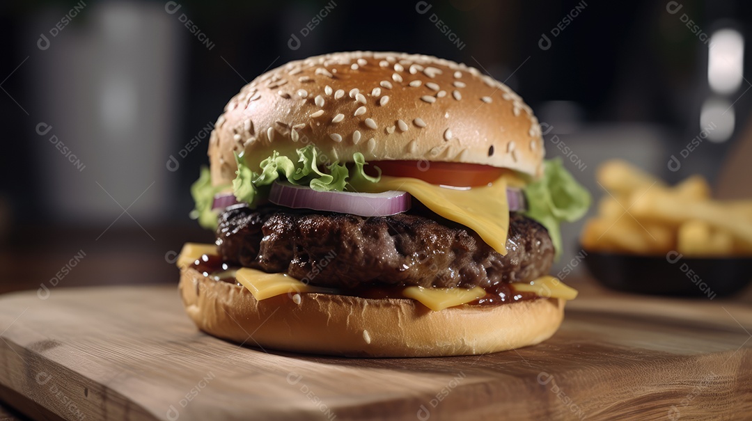 Delicioso saboroso hambúrguer sobre mesa de madeira fundo isolado
