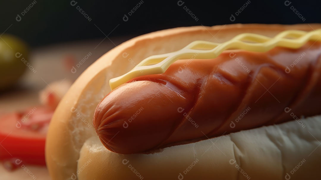 Cachorro-quente tradicional com salsicha, ketchup, mostarda e pão de leite, queijo ralado
