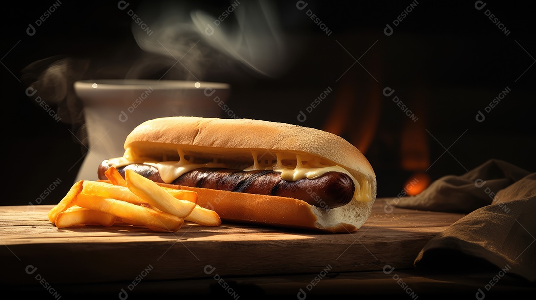 Cachorro-quente tradicional com salsicha, ketchup, mostarda e pão de leite, queijo ralado