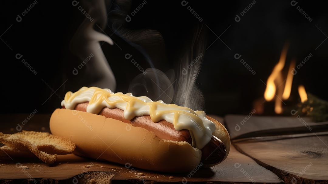 Cachorro-quente tradicional com salsicha, ketchup, mostarda e pão de leite, queijo ralado