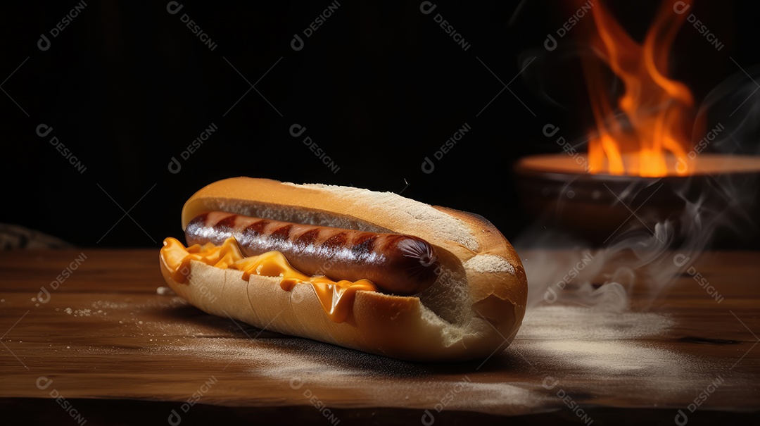 Cachorro-quente tradicional com salsicha, ketchup, mostarda e pão de leite, queijo ralado