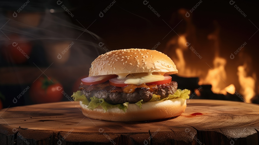 Delicioso saboroso hambúrguer sobre mesa de madeira fundo isolado