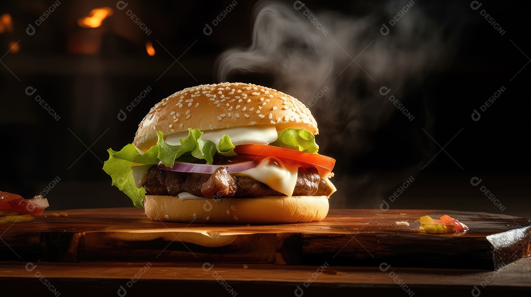 Delicioso saboroso hambúrguer sobre mesa de madeira fundo isolado