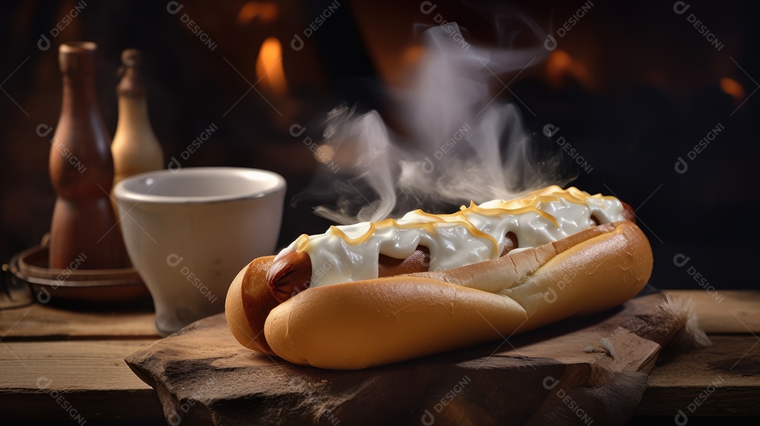Cachorro-quente tradicional com salsicha, ketchup, mostarda e pão de leite, queijo ralado