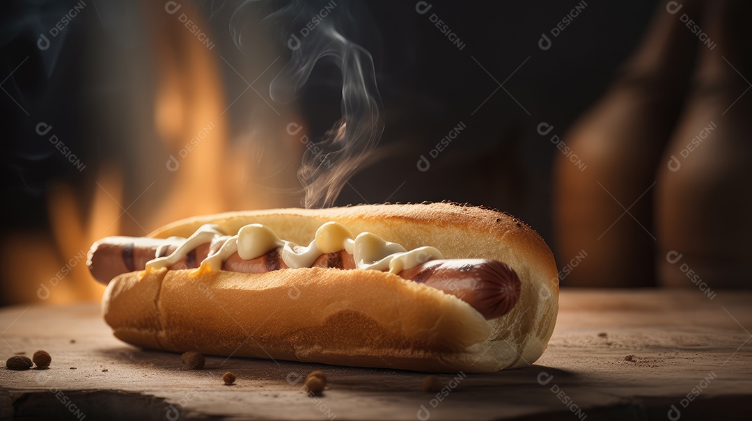 Cachorro-quente tradicional com salsicha, ketchup, mostarda e pão de leite, queijo ralado