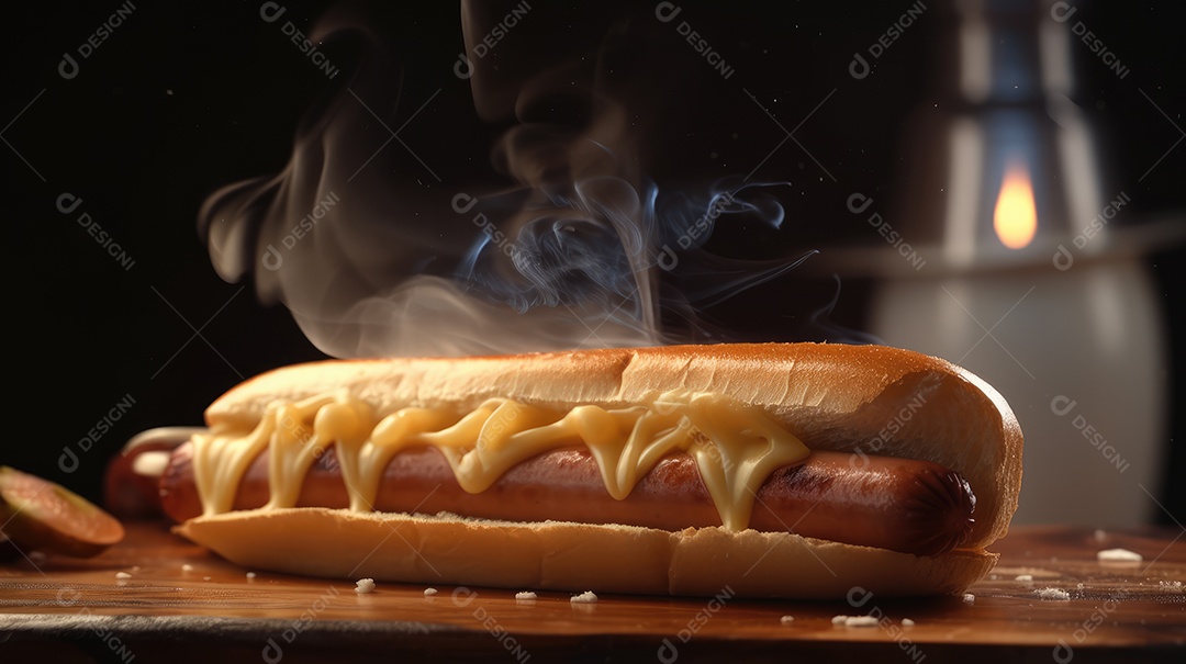 Cachorro-quente tradicional com salsicha, ketchup, mostarda e pão de leite, queijo ralado