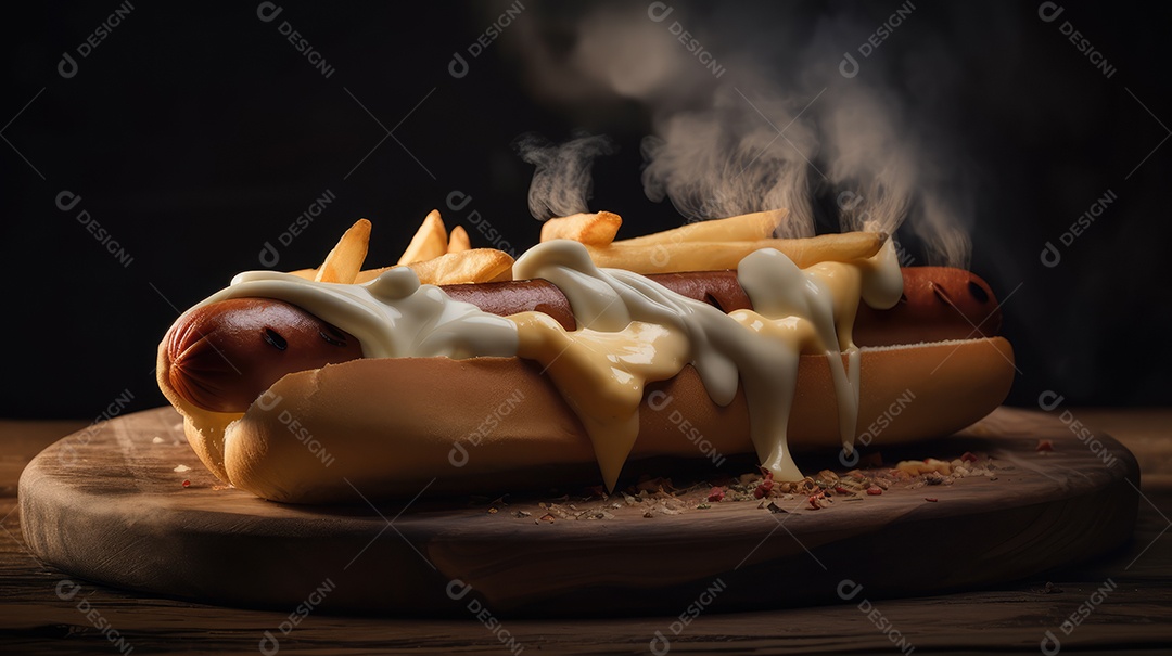Cachorro-quente tradicional com salsicha, ketchup, mostarda e pão de leite, queijo ralado