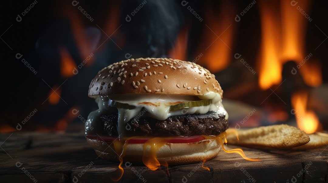 Saboroso hambúrguer sobre uma mesa de madeira