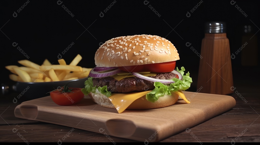 Saboroso hambúrguer sobre uma mesa de madeira