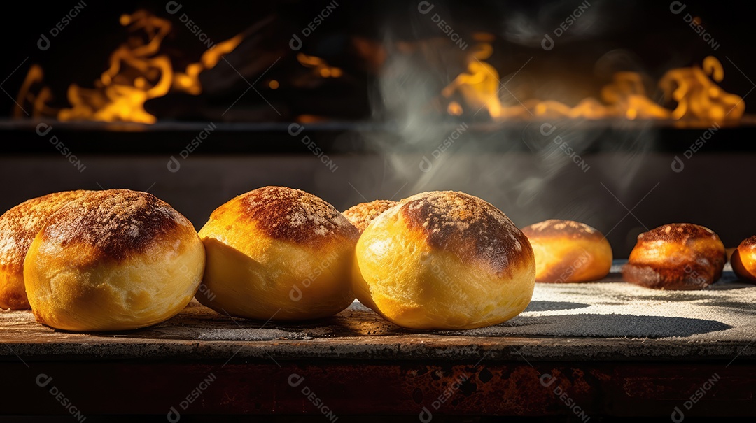 Porção de pão de queijo da culinária mineira assada no forno e servida na mesa, Lanche de queijo e presunto